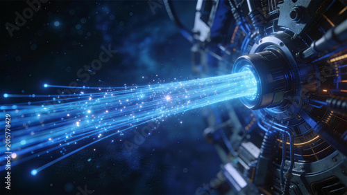 Abstract Beam of Light in Space: An enigmatic display of vibrant energy beams radiating outwards from a futuristic device in the cosmic expanse, invoking the vastness of the universe.