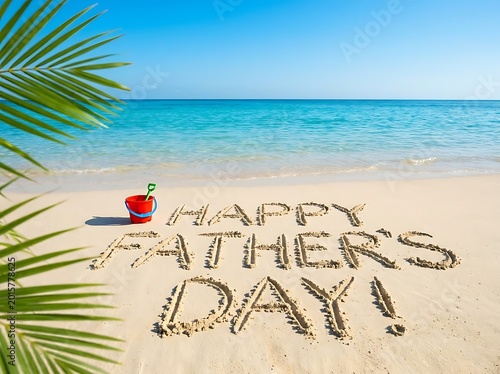 Happy fathers day written in the sand on a tropical beach with a drink, blue sky