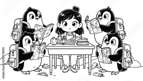 Girl surrounded by penguins studying.