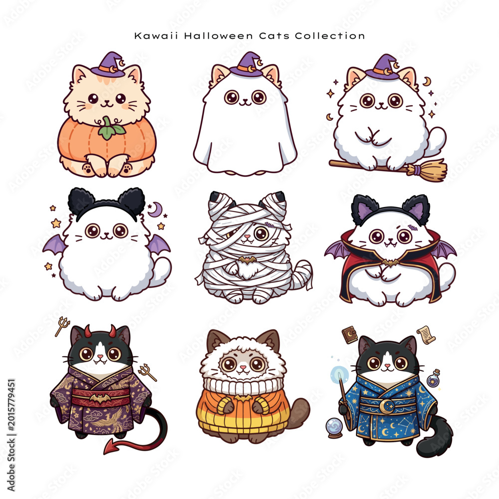 Fototapeta premium Kawaii Halloween Cats Collection