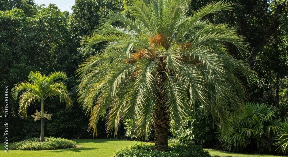 Obraz premium Two palm trees on a lawn, surrounded by green foliage, in bright daylight