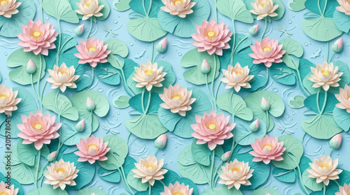 Принти на полотні Pink lotus flowers and green lily pads on blue background