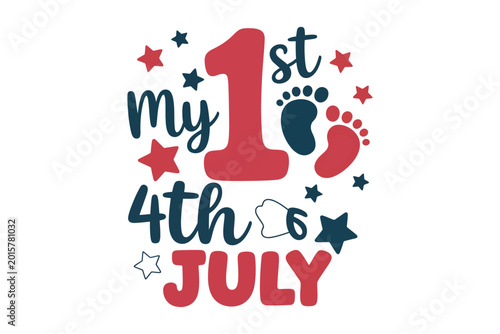 Vector illustration of first 4th of july lettering with baby footprints and stars on a white background high-quality professional detailed modern elegant.