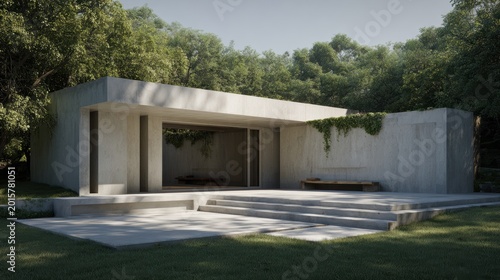 Minimalist concrete pavilion with open sides surrounded by dense greenery and shaded by trees.