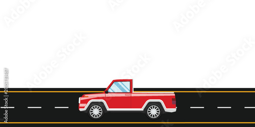 Flat vector illustration of a red pickup truck driving on an asphalt road with yellow lines, isolated on a white background. Concept for transportation, delivery, and automotive industry.