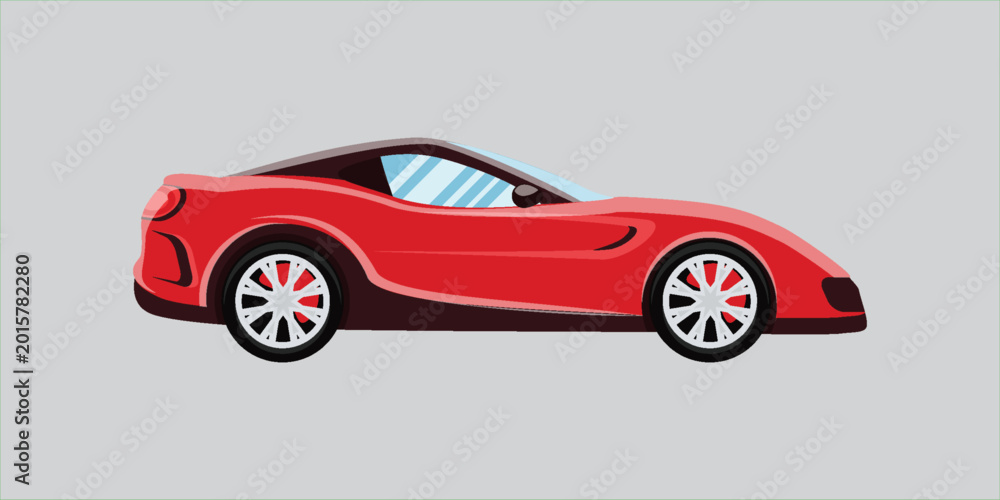 Obraz premium Side view of a sleek red supercar vector illustration, showcasing a high-performance luxury sports car profile. Flat design on gray background.