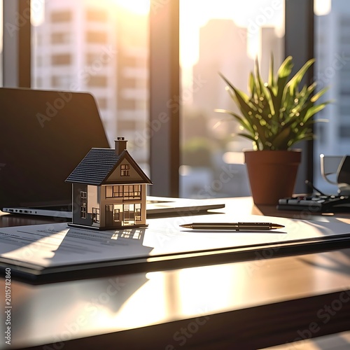 A miniature house on a desk with papers and a plant