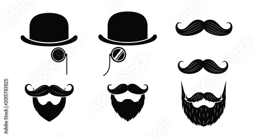 Flat vector collection of mustaches beards and bowler hats on white