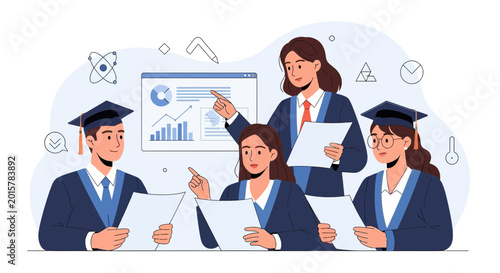 Graduates and Tutor Studying Business Analytics Data in Classroom