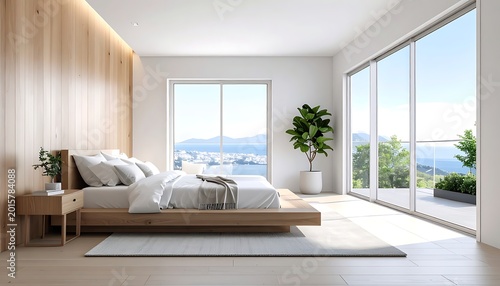 A modern bedroom with a large bed and a stunning view
