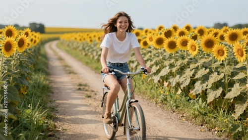 Young woman riding bicycle through sunflower field path