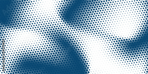 Blue halftone background. A slanted blue white gradient hexagon point. Half tone pattern. Modern and clean backgrounds, backgrounds, textures, patterns or overlays. Vector illustration.