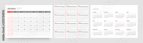 Bilde på lerret A planner for 2027 organised by months, with each week displayed starting from Sunday