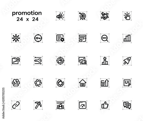 Set of minimalist outline vector icons on the theme of online marketing and SEO. 24x24, editable outlines