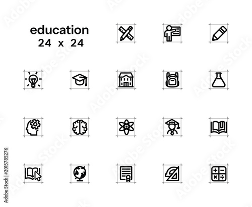 Set of minimalist outline icons related to education, science, and new knowledge. 24x24, editable outlines.