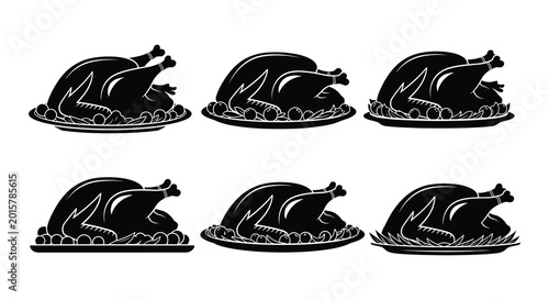 Foto Roasted turkey silhouette set on platter black and white vector