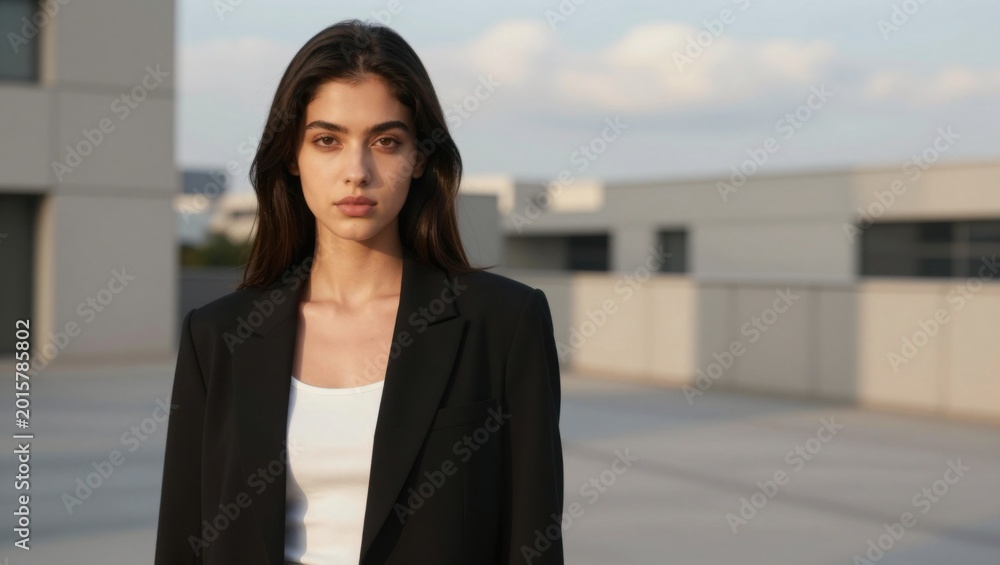 Fototapeta premium Young woman standing composed on rooftop terrace at dusk