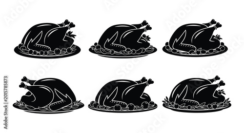 Photos Roasted turkey silhouette set on platter black and white vector