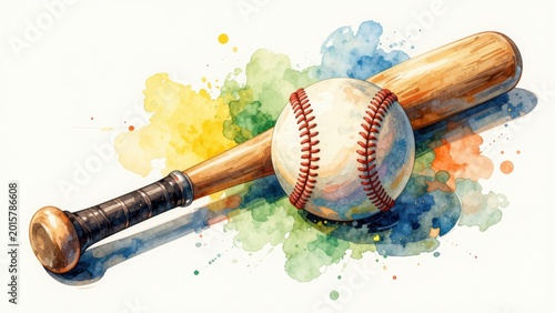 Baseball Bat and Ball Illustration on Colorful Watercolor Splash