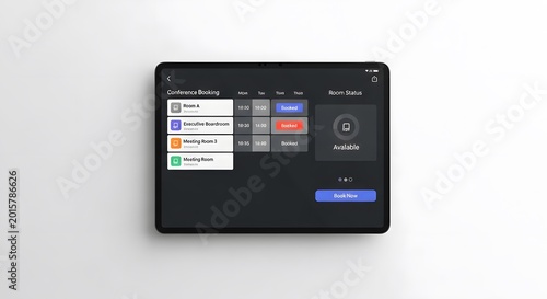 Tablet screen displaying a modern conference room booking and meeting schedule software app
