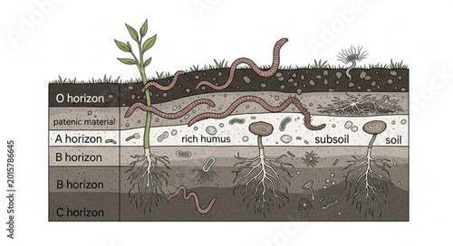 Bilde på lerret Cross section of soil layers showing plant roots and earthworms.