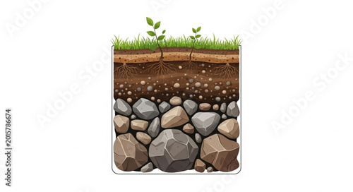 Obraz na plátně Cross section of soil layers with grass and rocks.