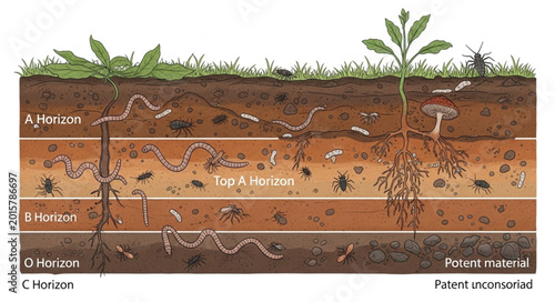 Obraz na płótnie Cross section of soil layers with plant roots and earthworms.