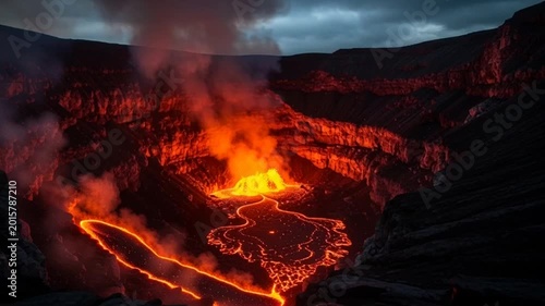 Fiery volcano crater erupting with glowing lava flow and smoke at night