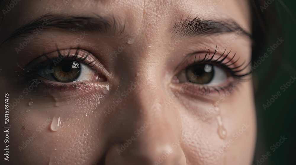 Fototapeta premium A close-up of a woman's face with tears, reflecting deep emotion and vulnerability, highlighting her expressive eyes.