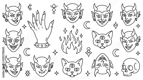 Foto Collection of mystical satanic symbols and occult witchcraft line icons