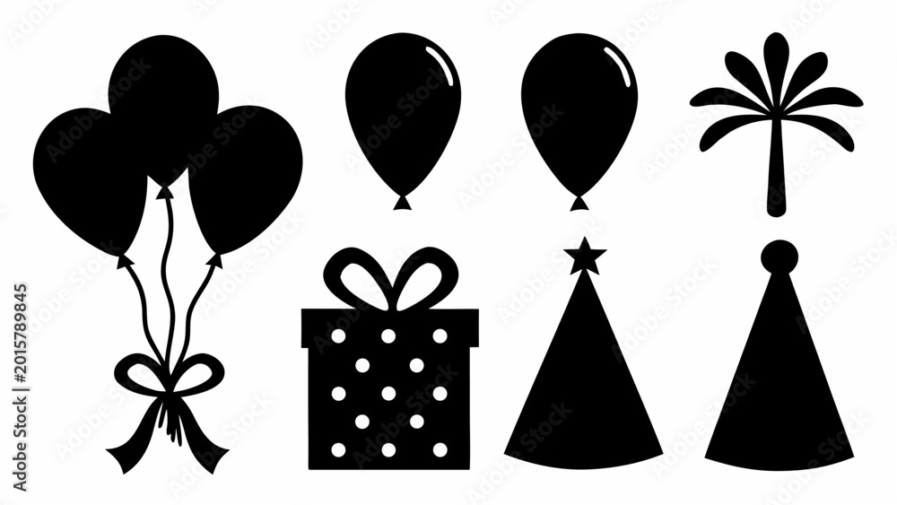 Obraz premium Collection of black silhouette icons representing holiday and celebration elements including balloons a gift box party hats and a decorative flourish perfect for festive graphic
