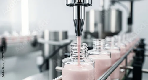 Fototapeta Automated filling of pink liquid into glass bottles on a production line in a sterile facility