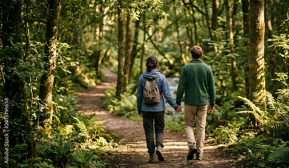 Obraz premium Back View of a Mindful Walk Through a Peaceful Forest Trail