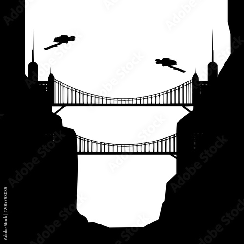Silhouette of Futuristic Bridges and Flying Vehicles Between Cliffs