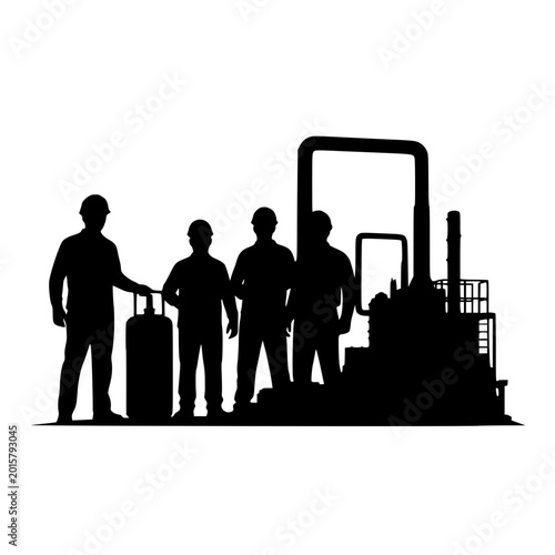Silhouette of industrial workers and factory plant machinery on white background