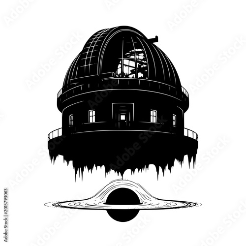 Surreal Black and White Illustration of an Observatory Above a Black Hole