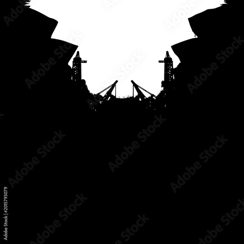 Symmetrical industrial shipyard and crane silhouette illustration