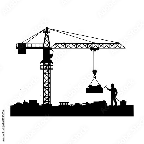Tower crane silhouette at a construction site with industrial worker