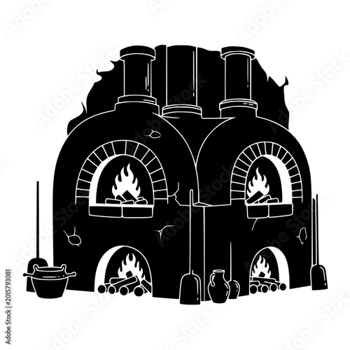 Traditional Wood Fired Brick Oven Silhouette with Cooking Tools