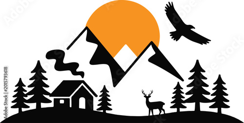 Tableau sur toile Silhouette mountain landscape with cabin and wildlife at sunset
