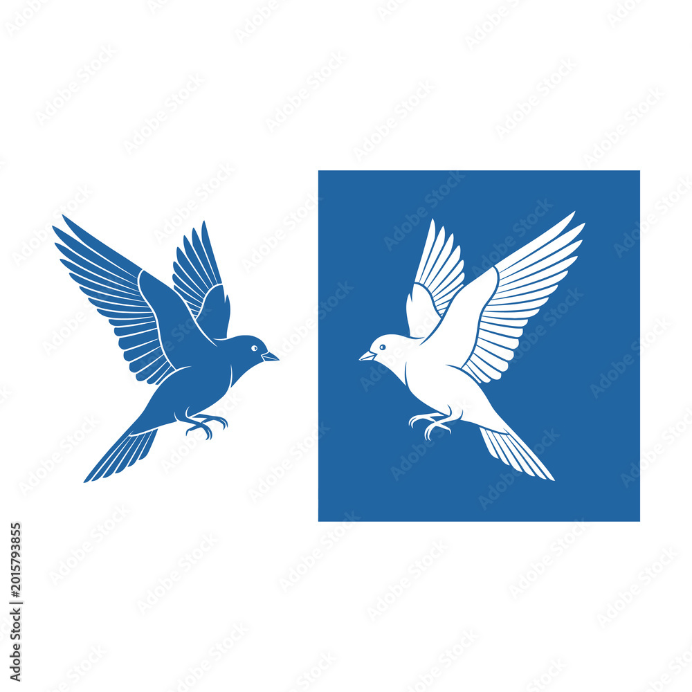 Naklejka premium Two white and blue doves in flight on white and blue background