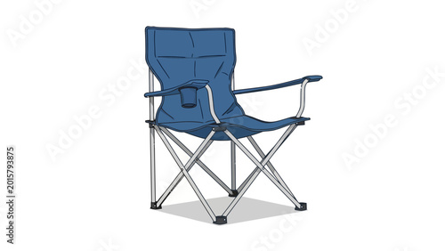 Blue folding camping chair on white background.