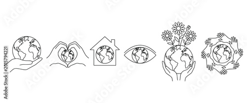 Tableau sur toile World earth globe held by hands in house eye and flower pot.