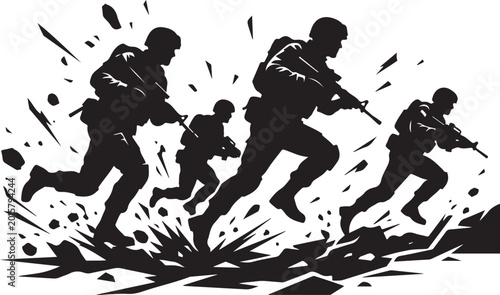 Military soldiers, army men, combat, silhouette icons, black vector graphics