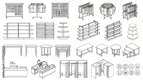 Quadro su tela Set of retail store display shelves, tables, and fitting rooms in a line drawing