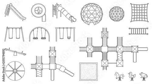 Foto Set of playground equipment and structures in a top-down view