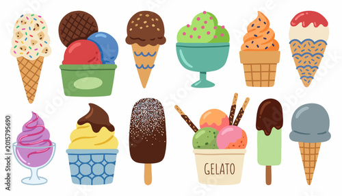 Foto Collection of assorted ice cream desserts in cones and cups, colorful and delici