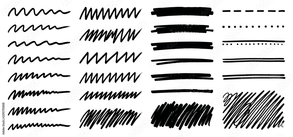 Naklejka premium Diverse collection of hand-drawn black lines, scribble textures, zigzag patterns, and dashed strokes for creative graphic design