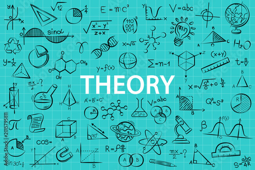 Science theory background with hand-drawn academic doodles. Math formulas and physics icons banner for online education, university webinar, or student study guide poster.