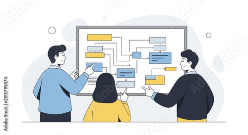 Team collaborating on a flowchart diagram on a whiteboard